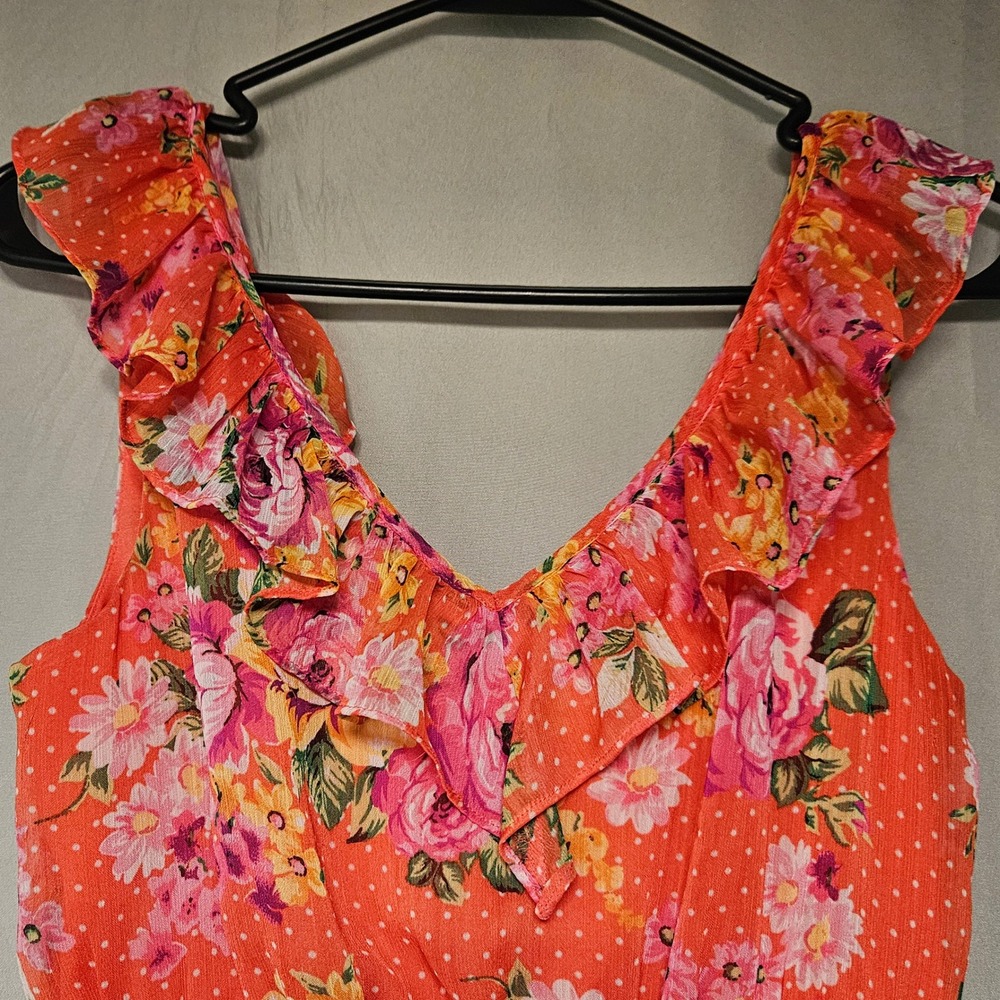 Forever 21 Floral Dress Womens Small Orange Ruffle V-Neck Polka Dot Mini Chiffon